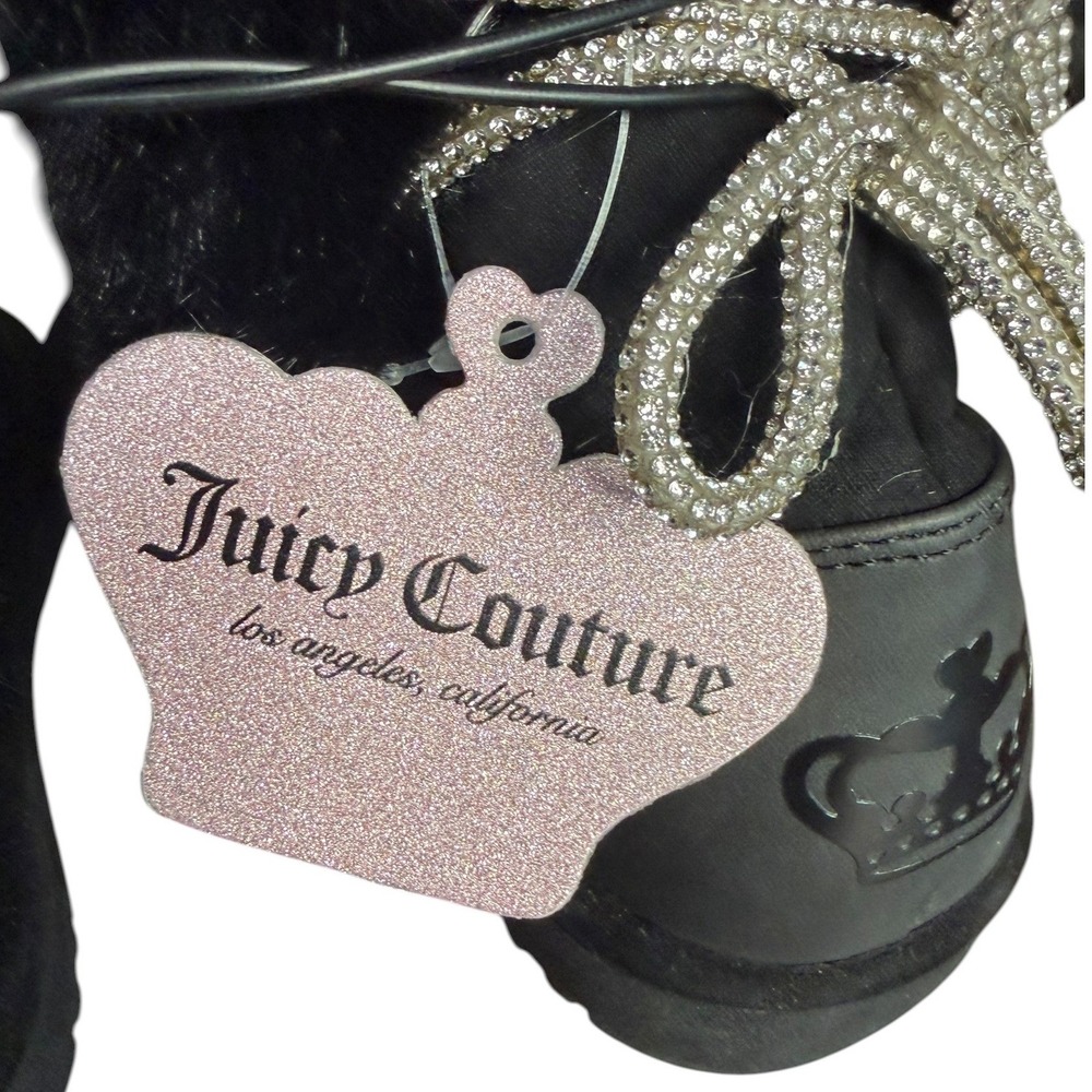NWT Juicy Couture Black Faux‎ Fur Boots Rhinestone Bow Glitter Logo Kid's Size 1 - Picture 5 of 9